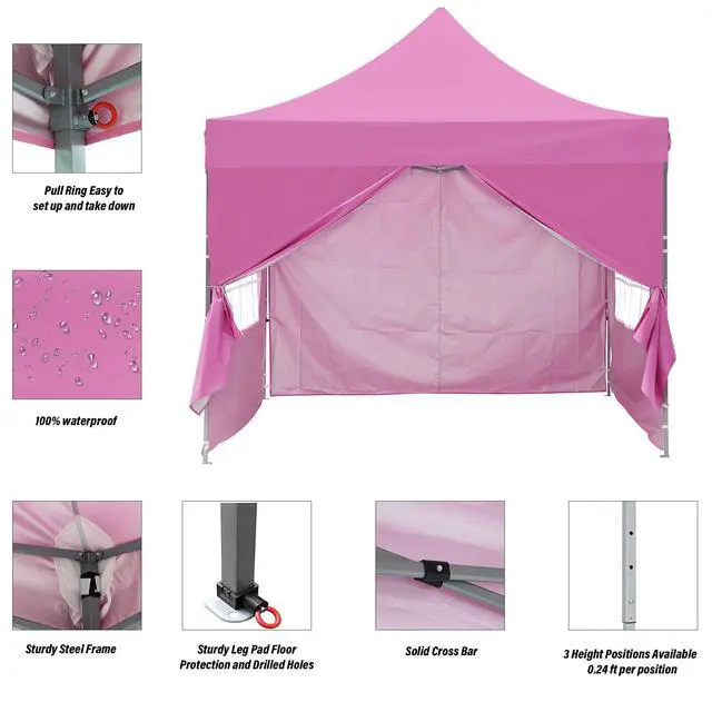 Alt view image 3 of 6 - 10x10 Easy Set Up Camping Canopy, Pop Up Tent with 4 Piece Sidewalls, Easy Up Canopy for Events, Parties, Gatherings, Camping, Pink