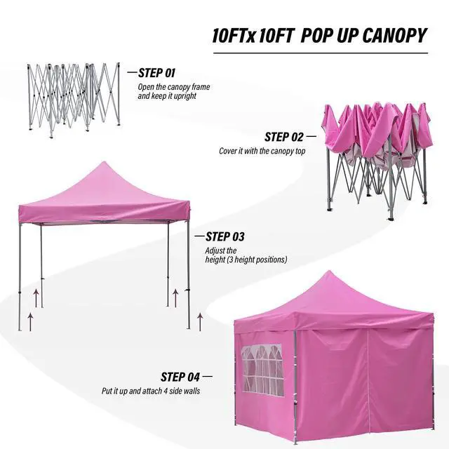 Alt view image 4 of 6 - 10x10 Easy Set Up Camping Canopy, Pop Up Tent with 4 Piece Sidewalls, Easy Up Canopy for Events, Parties, Gatherings, Camping, Pink