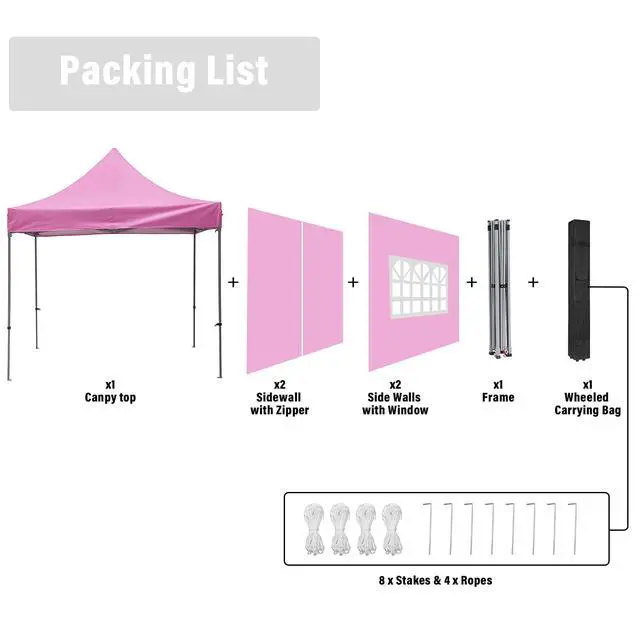Alt view image 6 of 6 - 10x10 Easy Set Up Camping Canopy, Pop Up Tent with 4 Piece Sidewalls, Easy Up Canopy for Events, Parties, Gatherings, Camping, Pink