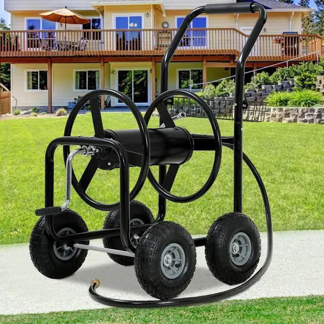 Main image of Garden Hose Reel Cart with Wheels, Holds 300-Feet of 5/8-Inch Hose, Heavy Duty Yard Water Planting 4 Wheels Outdoor Garden Lawn Water Truck with Storage Basket,Black