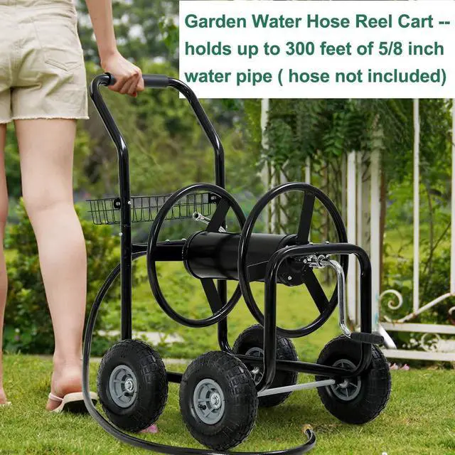 Alt view image 2 of 6 - Garden Hose Reel Cart with Wheels, Holds 300-Feet of 5/8-Inch Hose, Heavy Duty Yard Water Planting 4 Wheels Outdoor Garden Lawn Water Truck with Storage Basket,Black