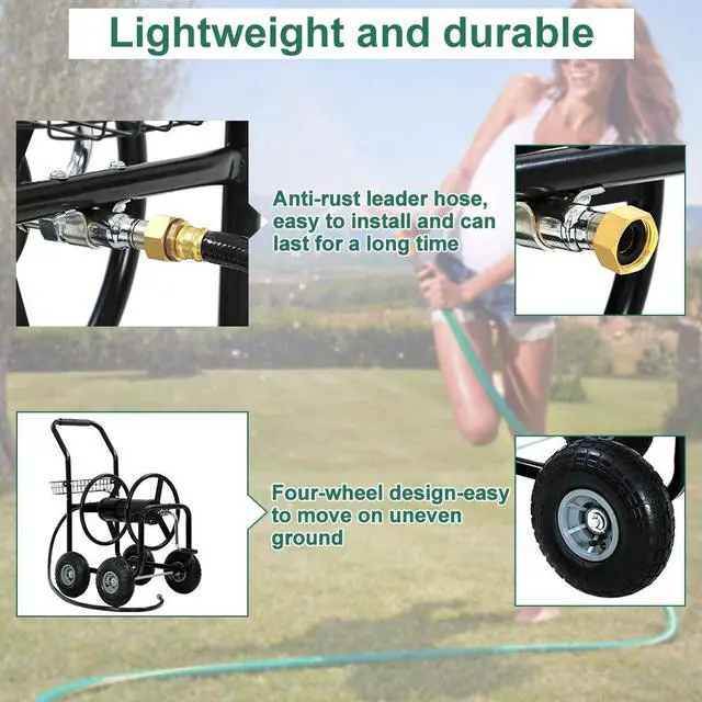 Alt view image 3 of 6 - Garden Hose Reel Cart with Wheels, Holds 300-Feet of 5/8-Inch Hose, Heavy Duty Yard Water Planting 4 Wheels Outdoor Garden Lawn Water Truck with Storage Basket,Black