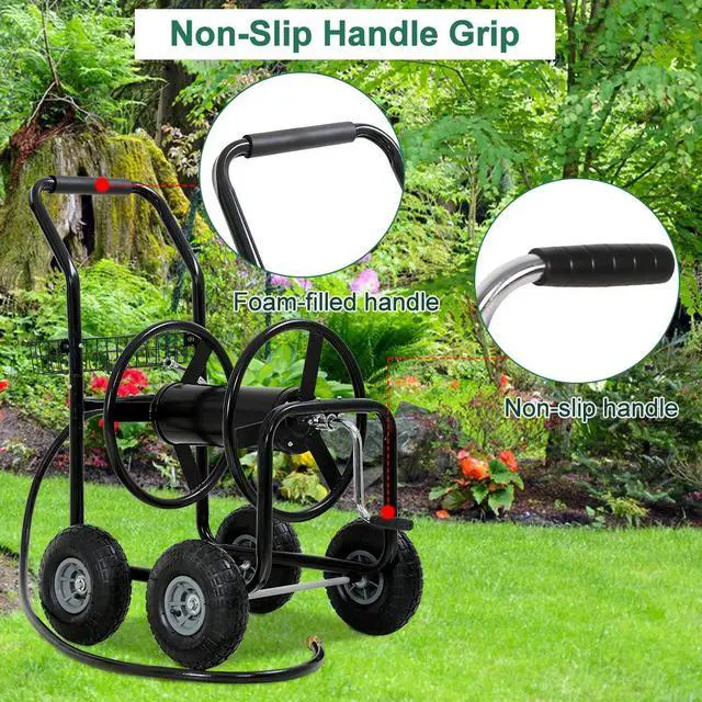 Alt view image 4 of 6 - Garden Hose Reel Cart with Wheels, Holds 300-Feet of 5/8-Inch Hose, Heavy Duty Yard Water Planting 4 Wheels Outdoor Garden Lawn Water Truck with Storage Basket,Black