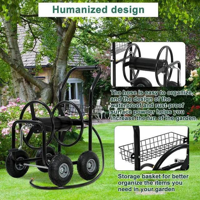 Alt view image 5 of 6 - Garden Hose Reel Cart with Wheels, Holds 300-Feet of 5/8-Inch Hose, Heavy Duty Yard Water Planting 4 Wheels Outdoor Garden Lawn Water Truck with Storage Basket,Black