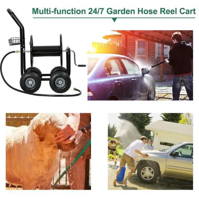 Alt view image 6 of 6 - Garden Hose Reel Cart with Wheels, Holds 300-Feet of 5/8-Inch Hose, Heavy Duty Yard Water Planting 4 Wheels Outdoor Garden Lawn Water Truck with Storage Basket,Black
