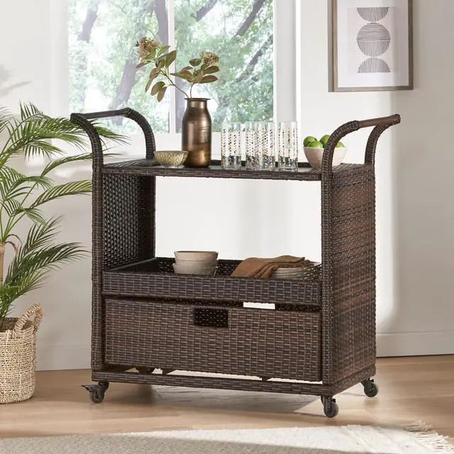 Alt view image 2 of 6 - Corona Outdoor Wicker Bar Table Cart, Multibrown