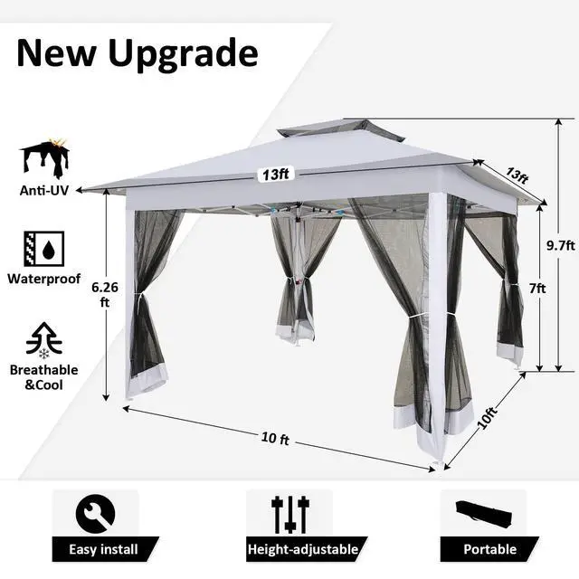 Alt view image 4 of 6 - 12x12 Pop Up Gazebo Canopy Tent Easy Up Outdoor Gazebo Waterproof Upgrade Portable Gazebo with Mosquito Nettings, Double Vented Roof and Carry Bag for Patio Garden(Light Gray)