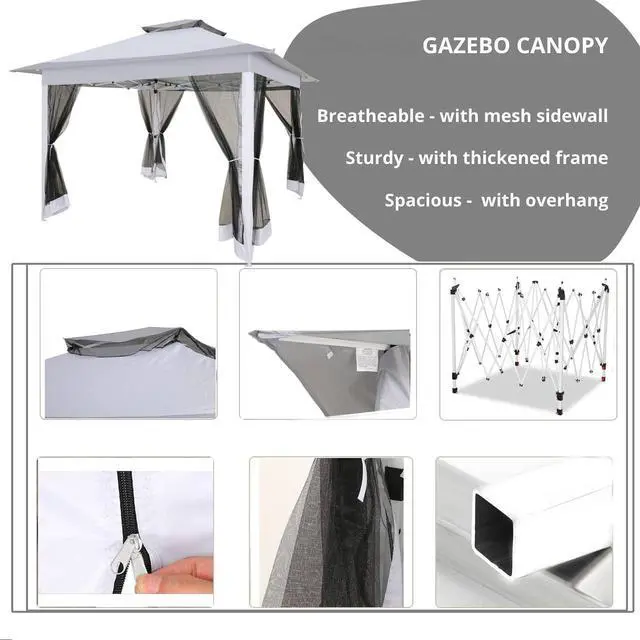 Alt view image 5 of 6 - 12x12 Pop Up Gazebo Canopy Tent Easy Up Outdoor Gazebo Waterproof Upgrade Portable Gazebo with Mosquito Nettings, Double Vented Roof and Carry Bag for Patio Garden(Light Gray)