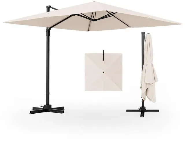 Main image of 9.5 FT Cantilever Patio Umbrella, Outdoor Square Offset Umbrella with 360° Rotation, Heavy Duty Patio Hanging Umbrella with Cross Base for Garden Deck Pool Backyard (Beige)