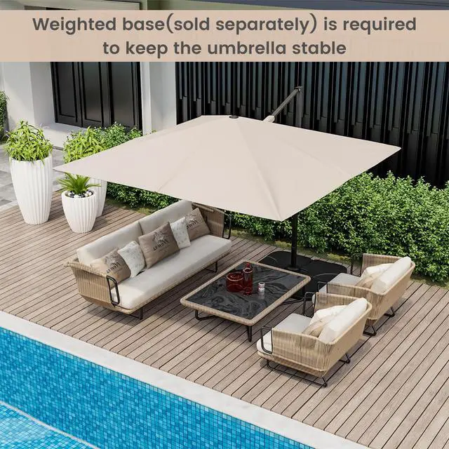 Alt view image 2 of 6 - 9.5 FT Cantilever Patio Umbrella, Outdoor Square Offset Umbrella with 360° Rotation, Heavy Duty Patio Hanging Umbrella with Cross Base for Garden Deck Pool Backyard (Beige)