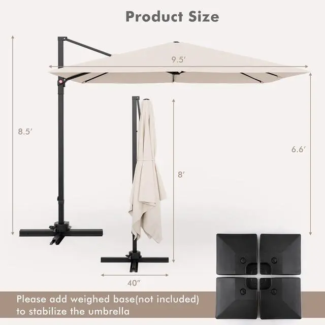 Alt view image 4 of 6 - 9.5 FT Cantilever Patio Umbrella, Outdoor Square Offset Umbrella with 360° Rotation, Heavy Duty Patio Hanging Umbrella with Cross Base for Garden Deck Pool Backyard (Beige)