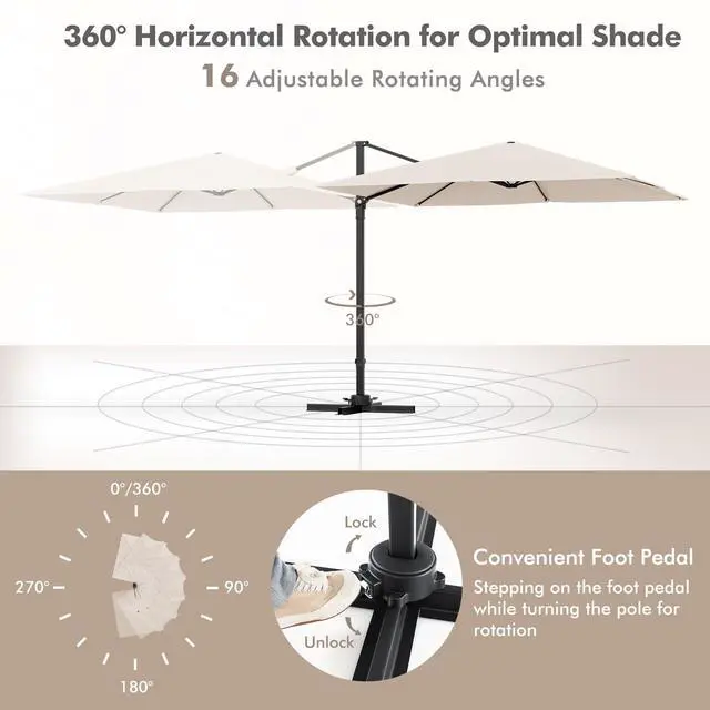 Alt view image 5 of 6 - 9.5 FT Cantilever Patio Umbrella, Outdoor Square Offset Umbrella with 360° Rotation, Heavy Duty Patio Hanging Umbrella with Cross Base for Garden Deck Pool Backyard (Beige)