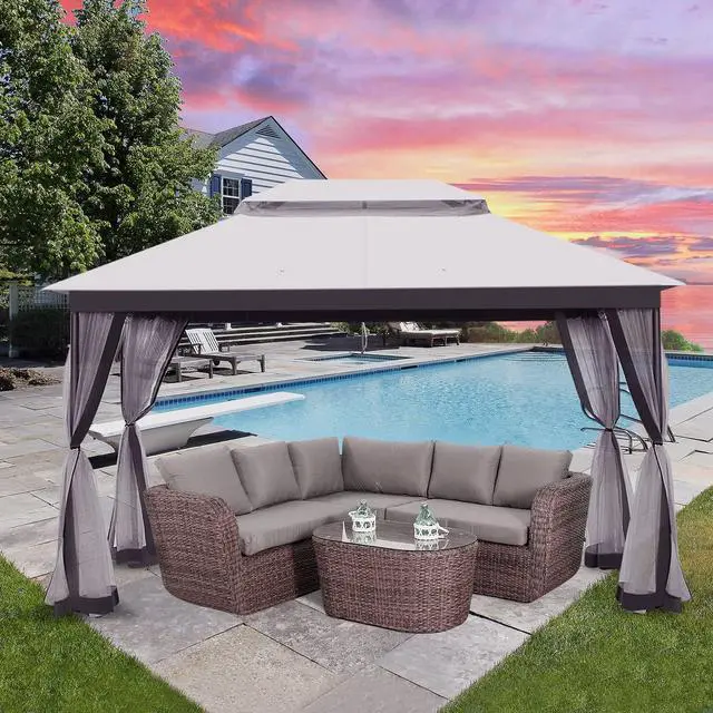 Alt view image 2 of 6 - 10x13 Gazebos for Patios with 4 Sandbags, Waterproof Gazebo Canopy with Netting Screen Walls, Outdoor Gazebo for Garden, Backyard, Deck, and Lawns (Gray)