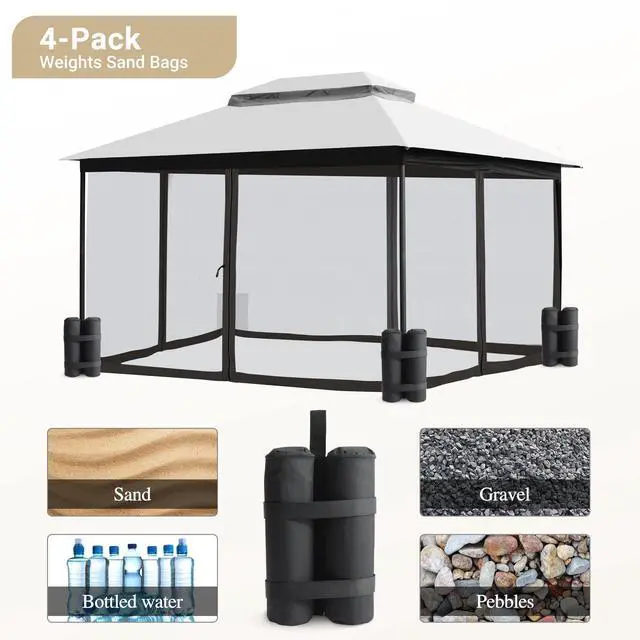 Alt view image 3 of 6 - 10x13 Gazebos for Patios with 4 Sandbags, Waterproof Gazebo Canopy with Netting Screen Walls, Outdoor Gazebo for Garden, Backyard, Deck, and Lawns (Gray)