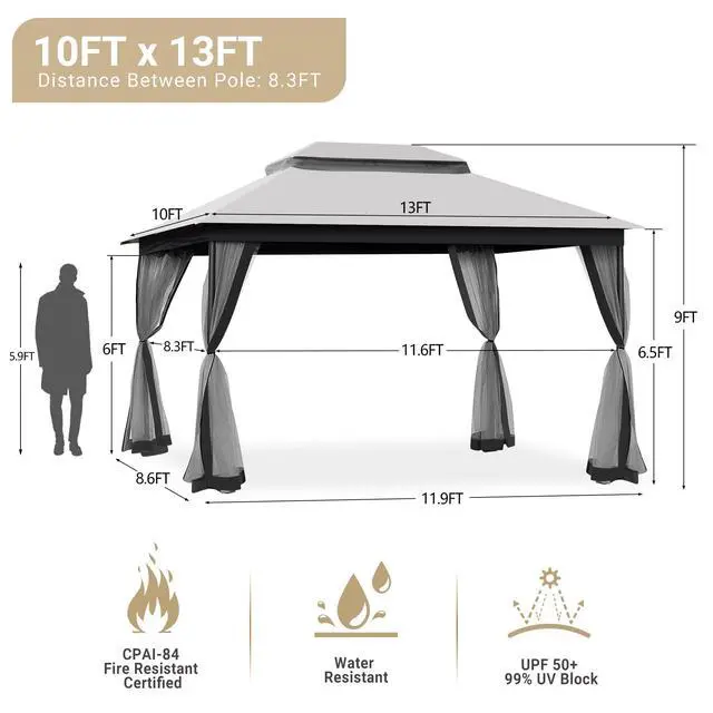 Alt view image 5 of 6 - 10x13 Gazebos for Patios with 4 Sandbags, Waterproof Gazebo Canopy with Netting Screen Walls, Outdoor Gazebo for Garden, Backyard, Deck, and Lawns (Gray)