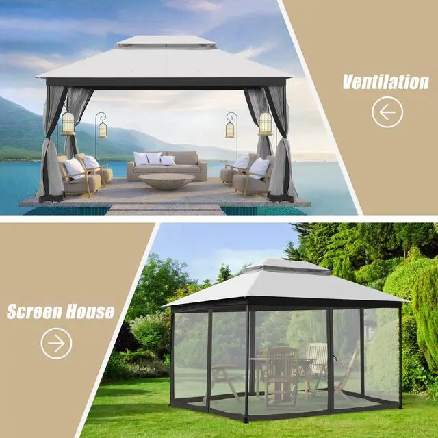 Alt view image 6 of 6 - 10x13 Gazebos for Patios with 4 Sandbags, Waterproof Gazebo Canopy with Netting Screen Walls, Outdoor Gazebo for Garden, Backyard, Deck, and Lawns (Gray)