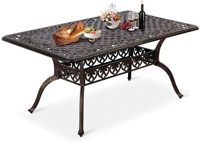 Main image of Patio Dining Table Outdoor Cast Aluminum Rectangular Table Weather-Resistant People Party Large Table with 2" Umbrella Hole for Lawn Backyard Garden, Black and Bronze 59.06x35.24"x28.35"