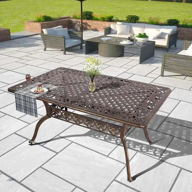 Alt view image 2 of 6 - Patio Dining Table Outdoor Cast Aluminum Rectangular Table Weather-Resistant People Party Large Table with 2" Umbrella Hole for Lawn Backyard Garden, Black and Bronze 59.06x35.24"x28.35"