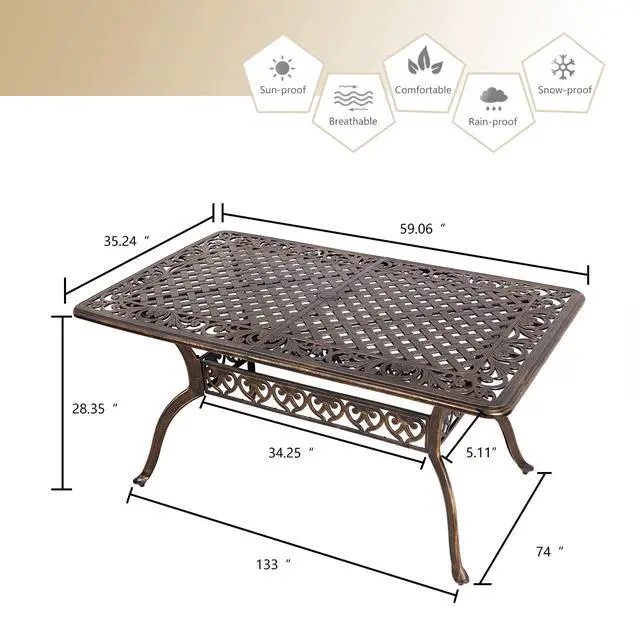 Alt view image 3 of 6 - Patio Dining Table Outdoor Cast Aluminum Rectangular Table Weather-Resistant People Party Large Table with 2" Umbrella Hole for Lawn Backyard Garden, Black and Bronze 59.06x35.24"x28.35"