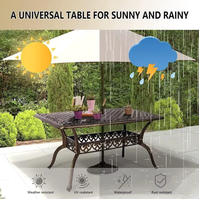 Alt view image 4 of 6 - Patio Dining Table Outdoor Cast Aluminum Rectangular Table Weather-Resistant People Party Large Table with 2" Umbrella Hole for Lawn Backyard Garden, Black and Bronze 59.06x35.24"x28.35"