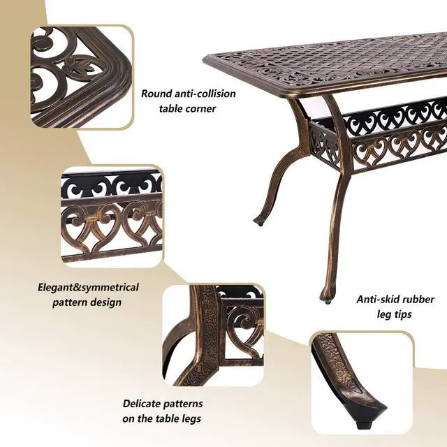 Alt view image 5 of 6 - Patio Dining Table Outdoor Cast Aluminum Rectangular Table Weather-Resistant People Party Large Table with 2" Umbrella Hole for Lawn Backyard Garden, Black and Bronze 59.06x35.24"x28.35"