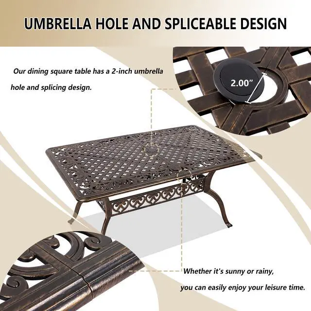 Alt view image 6 of 6 - Patio Dining Table Outdoor Cast Aluminum Rectangular Table Weather-Resistant People Party Large Table with 2" Umbrella Hole for Lawn Backyard Garden, Black and Bronze 59.06x35.24"x28.35"