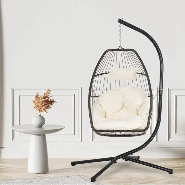 Alt view image 2 of 6 - Egg Hanging Chair with Stand Hammock Chair Wicker Basket Chair Hanging Patio Swing UV Resistant Cushion for Indoor Bedroom Outdoor Garden Backyard Balcony