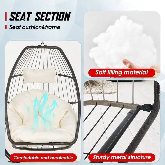 Alt view image 3 of 6 - Egg Hanging Chair with Stand Hammock Chair Wicker Basket Chair Hanging Patio Swing UV Resistant Cushion for Indoor Bedroom Outdoor Garden Backyard Balcony