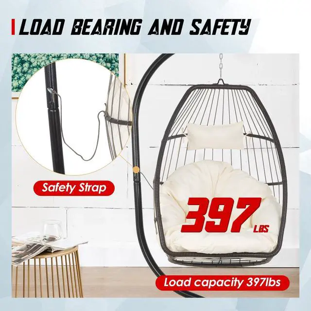 Alt view image 4 of 6 - Egg Hanging Chair with Stand Hammock Chair Wicker Basket Chair Hanging Patio Swing UV Resistant Cushion for Indoor Bedroom Outdoor Garden Backyard Balcony