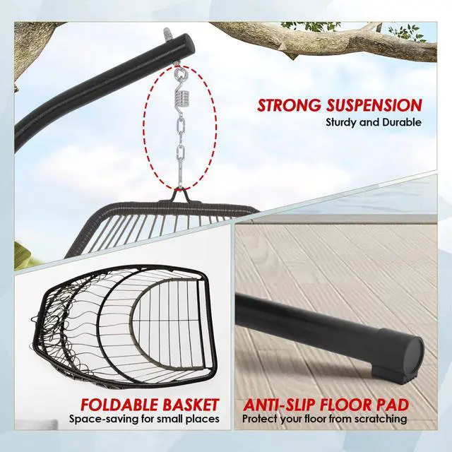 Alt view image 5 of 6 - Egg Hanging Chair with Stand Hammock Chair Wicker Basket Chair Hanging Patio Swing UV Resistant Cushion for Indoor Bedroom Outdoor Garden Backyard Balcony