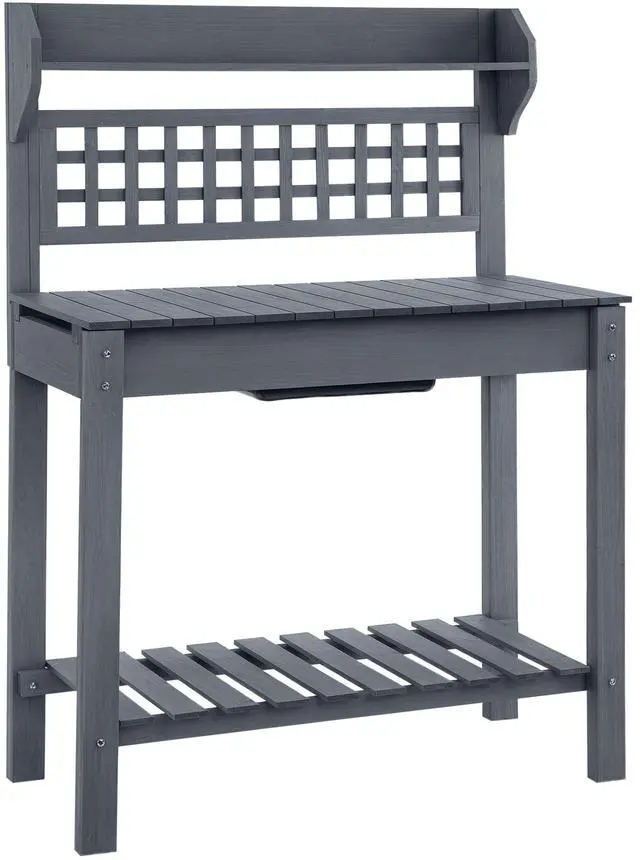 Main image of Outdoor Potting Bench Table, Wooden Workstation with Sliding Tabletop, Storage Shelf and Dry Sink, for Greenhouse, Garden, Patio, Gray