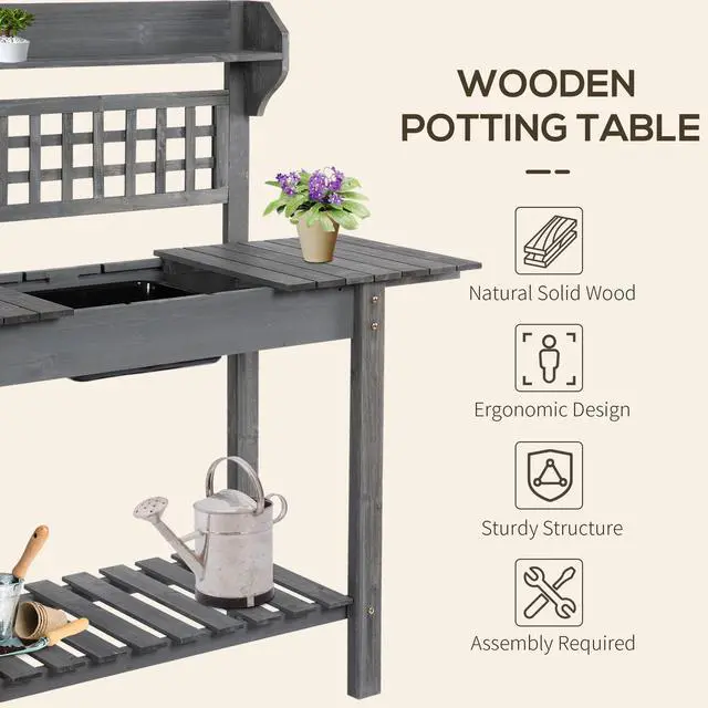 Alt view image 3 of 6 - Outdoor Potting Bench Table, Wooden Workstation with Sliding Tabletop, Storage Shelf and Dry Sink, for Greenhouse, Garden, Patio, Gray