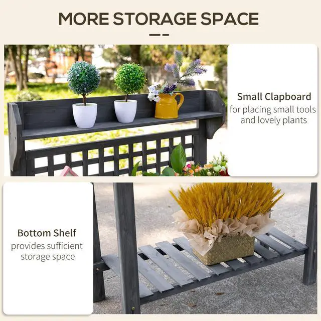 Alt view image 4 of 6 - Outdoor Potting Bench Table, Wooden Workstation with Sliding Tabletop, Storage Shelf and Dry Sink, for Greenhouse, Garden, Patio, Gray