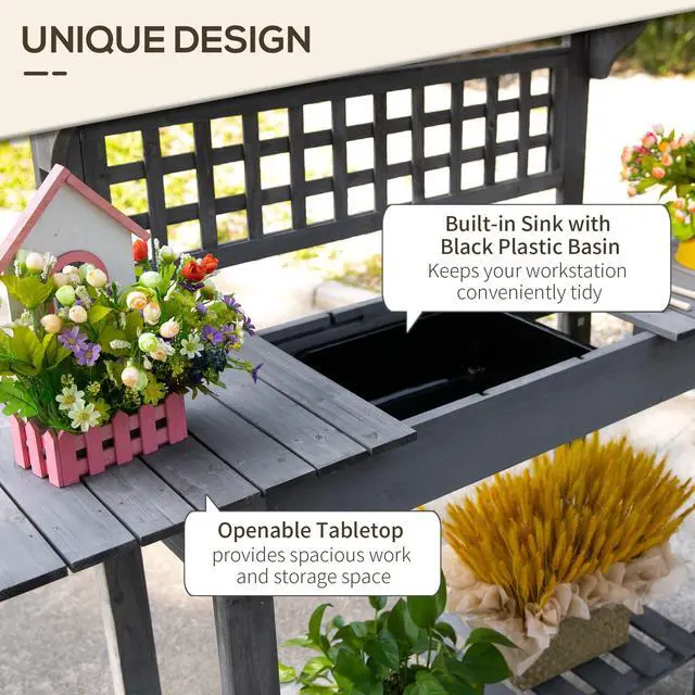 Alt view image 5 of 6 - Outdoor Potting Bench Table, Wooden Workstation with Sliding Tabletop, Storage Shelf and Dry Sink, for Greenhouse, Garden, Patio, Gray