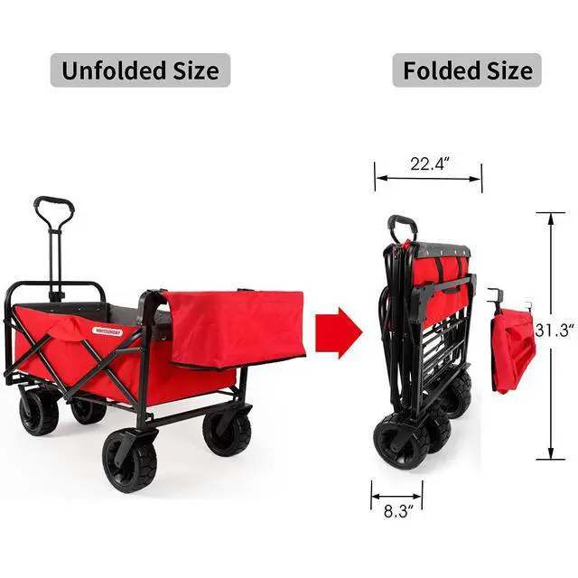 Alt view image 4 of 6 - Collapsible Wagon Folding Garden Outdoor Park Utility Wagon Picnic Camping Cart with Bearing and Brake 8" All Terrain Wheels with Rear Storage Bag (Red)