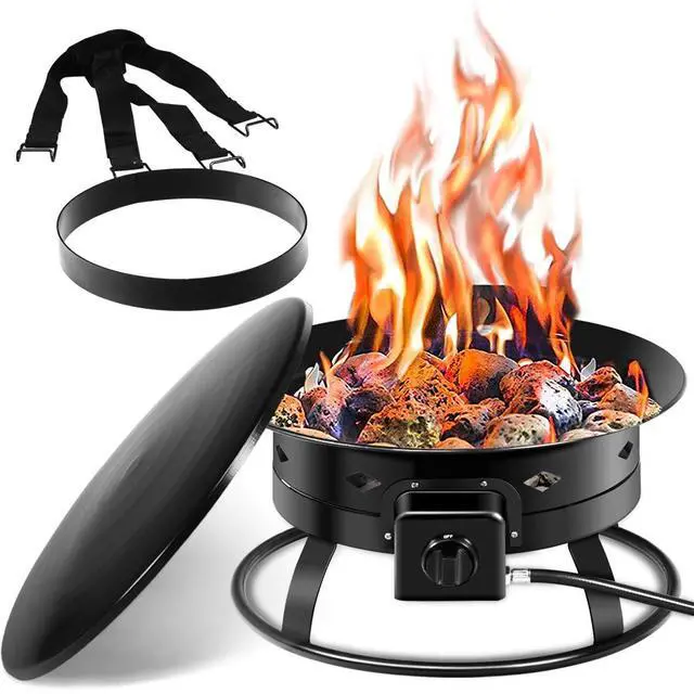 Main image of Portable Propane Fire Pit, 19" Outdoor Firepit, 58,000BTU Fire Bowl w/Cover & Carry Kit,Lava Rock Stone & Tank Stabilizer Ring, Gas Fire Pit for Outside Camping,Patio, Backyard, Black