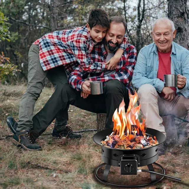 Alt view image 2 of 6 - Portable Propane Fire Pit, 19" Outdoor Firepit, 58,000BTU Fire Bowl w/Cover & Carry Kit,Lava Rock Stone & Tank Stabilizer Ring, Gas Fire Pit for Outside Camping,Patio, Backyard, Black