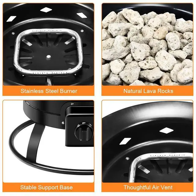 Alt view image 4 of 6 - Portable Propane Fire Pit, 19" Outdoor Firepit, 58,000BTU Fire Bowl w/Cover & Carry Kit,Lava Rock Stone & Tank Stabilizer Ring, Gas Fire Pit for Outside Camping,Patio, Backyard, Black