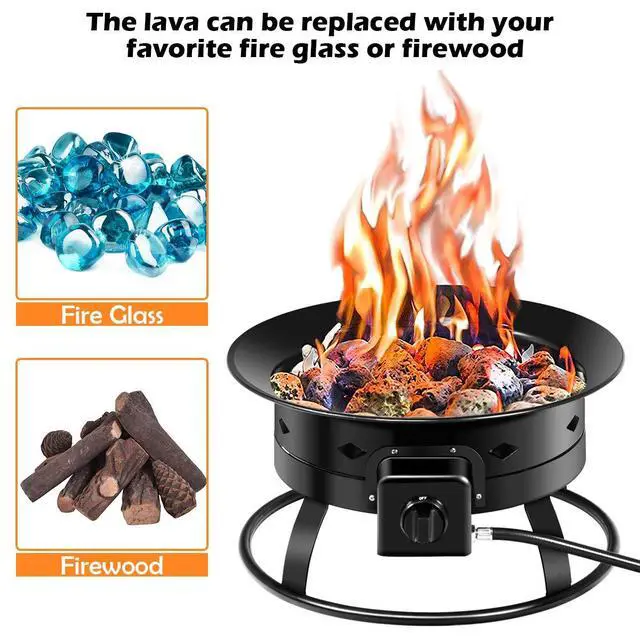 Alt view image 5 of 6 - Portable Propane Fire Pit, 19" Outdoor Firepit, 58,000BTU Fire Bowl w/Cover & Carry Kit,Lava Rock Stone & Tank Stabilizer Ring, Gas Fire Pit for Outside Camping,Patio, Backyard, Black