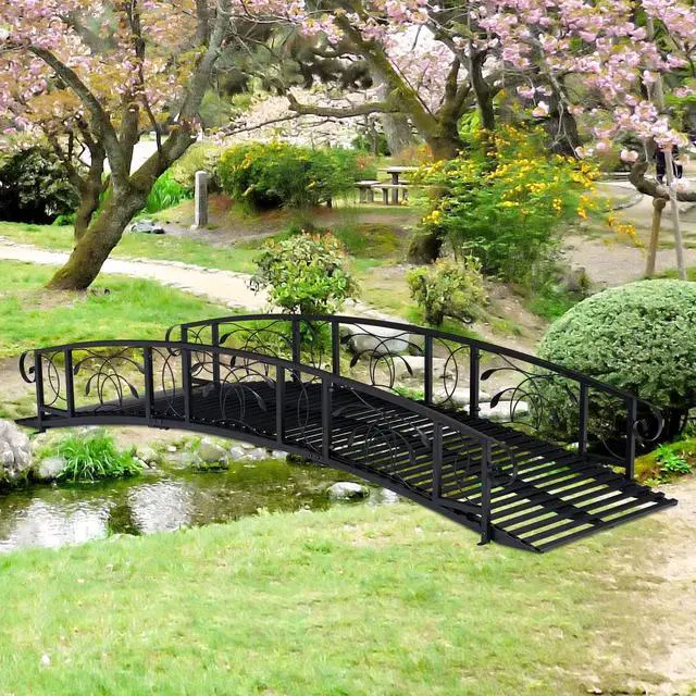 Main image of Metal Garden Bridge - Arch Walkway with Side Rails, Outdoor Decorative Iron Garden Arch Footbridge for Pond, Creek, Stream