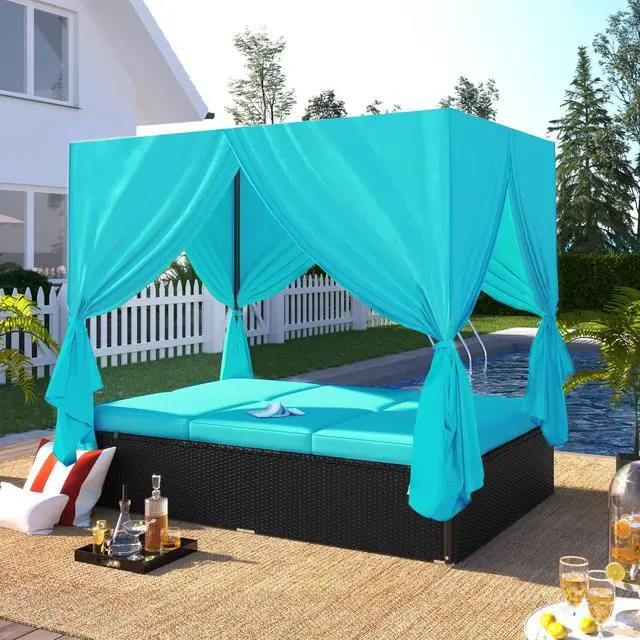 Main image of Wicker Outdoor Sunbed with Adjustable Seats, Patio Chaise Lounge Daybed with Canopy, 2 Person Outdoor Patio Daybed, Blue