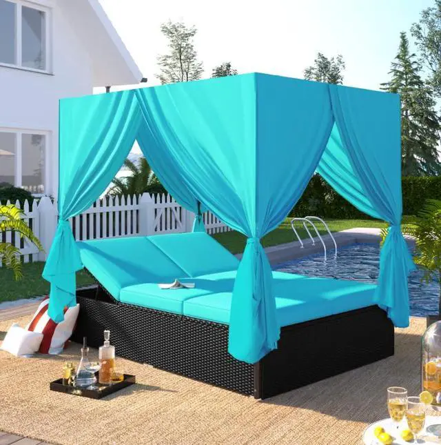 Alt view image 3 of 6 - Wicker Outdoor Sunbed with Adjustable Seats, Patio Chaise Lounge Daybed with Canopy, 2 Person Outdoor Patio Daybed, Blue