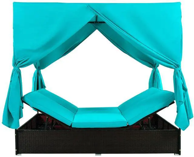 Alt view image 4 of 6 - Wicker Outdoor Sunbed with Adjustable Seats, Patio Chaise Lounge Daybed with Canopy, 2 Person Outdoor Patio Daybed, Blue
