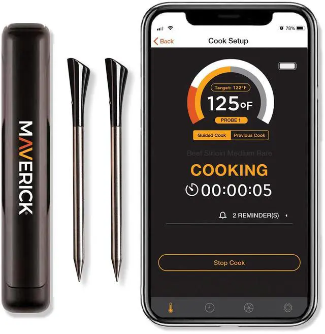 Main image of Stake Wireless Bluetooth Meat Thermometer, Battery-Free Probe, 2-Min USB Charge (Up to 4 Hrs), 32-ft App Range (iOS/Android), 572°F Ceramic Handle, Alerts, Graphs & Up to 8 Probes (BT-32)