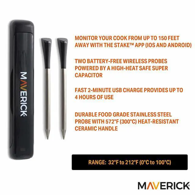 Alt view image 2 of 6 - Stake Wireless Bluetooth Meat Thermometer, Battery-Free Probe, 2-Min USB Charge (Up to 4 Hrs), 32-ft App Range (iOS/Android), 572°F Ceramic Handle, Alerts, Graphs & Up to 8 Probes (BT-32)