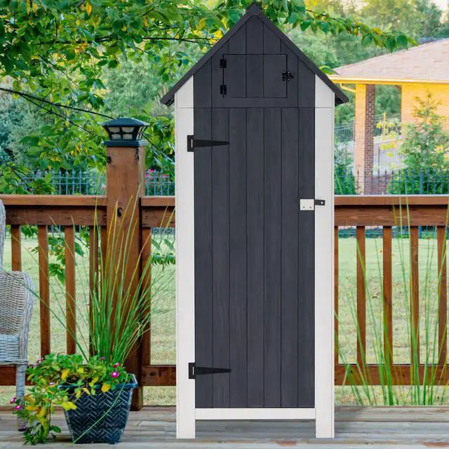 Alt view image 2 of 6 - Outdoor Storage Cabinet with Shelves, Wooden Outside Storage Shed with Floor, Garden Tool Shed for Patio Yard Lawn, 0770 (Gray)