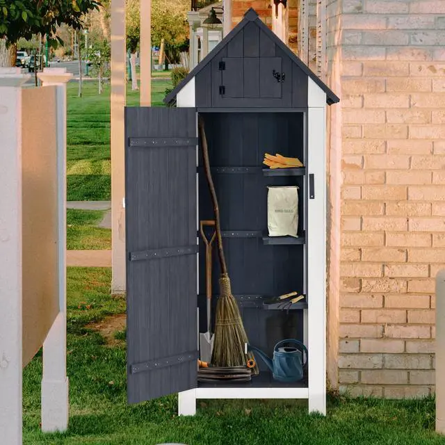Alt view image 3 of 6 - Outdoor Storage Cabinet with Shelves, Wooden Outside Storage Shed with Floor, Garden Tool Shed for Patio Yard Lawn, 0770 (Gray)