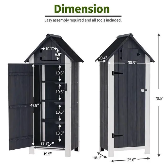 Alt view image 4 of 6 - Outdoor Storage Cabinet with Shelves, Wooden Outside Storage Shed with Floor, Garden Tool Shed for Patio Yard Lawn, 0770 (Gray)