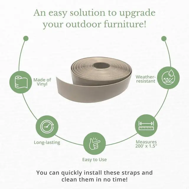 Alt view image 3 of 6 - 1.5" Wide x 200' Roll Vinyl Strap for Patio Chairs, Lawn Furniture, and Deck Chairs, Make Your Own Replacement Straps, (Gray)