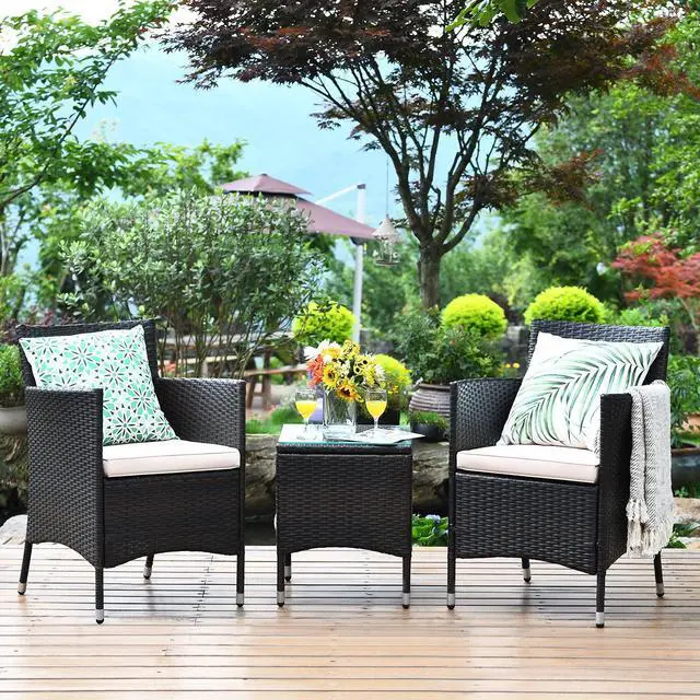 Main image of Patio Furniture Set 3 Piece, Outdoor Wicker Rattan Conversation Set with Coffee Table, Chairs & Thick Cushions, Suitable for Patio Garden Lawn Backyard Pool (Off-White)